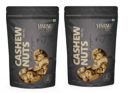 Vishnu Delight Crunchy Black Pepper Flavored Cashews 85gm Pouch - Spicy, Delicious, and Perfect for Snacking Pack of 2