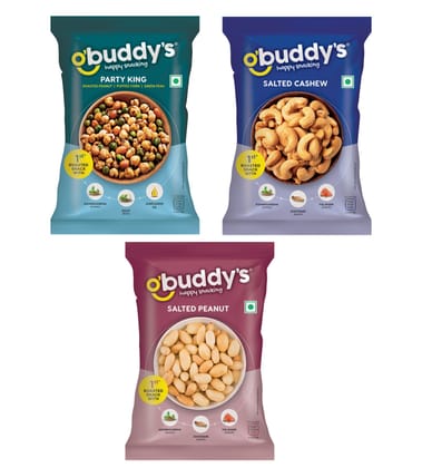O'buddy's Party King 30 gm, Salted Cashew 16 gm & Salted Peanut 30 gm - Combo Pack of 15 (5 Packs of Each)