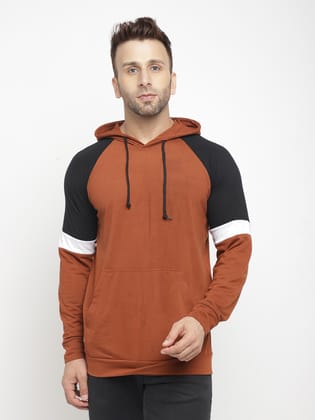 Gritstones Men Hooded Full Sleeve Brown Color Block Kangaroo Pocket Cotton T-Shirt
