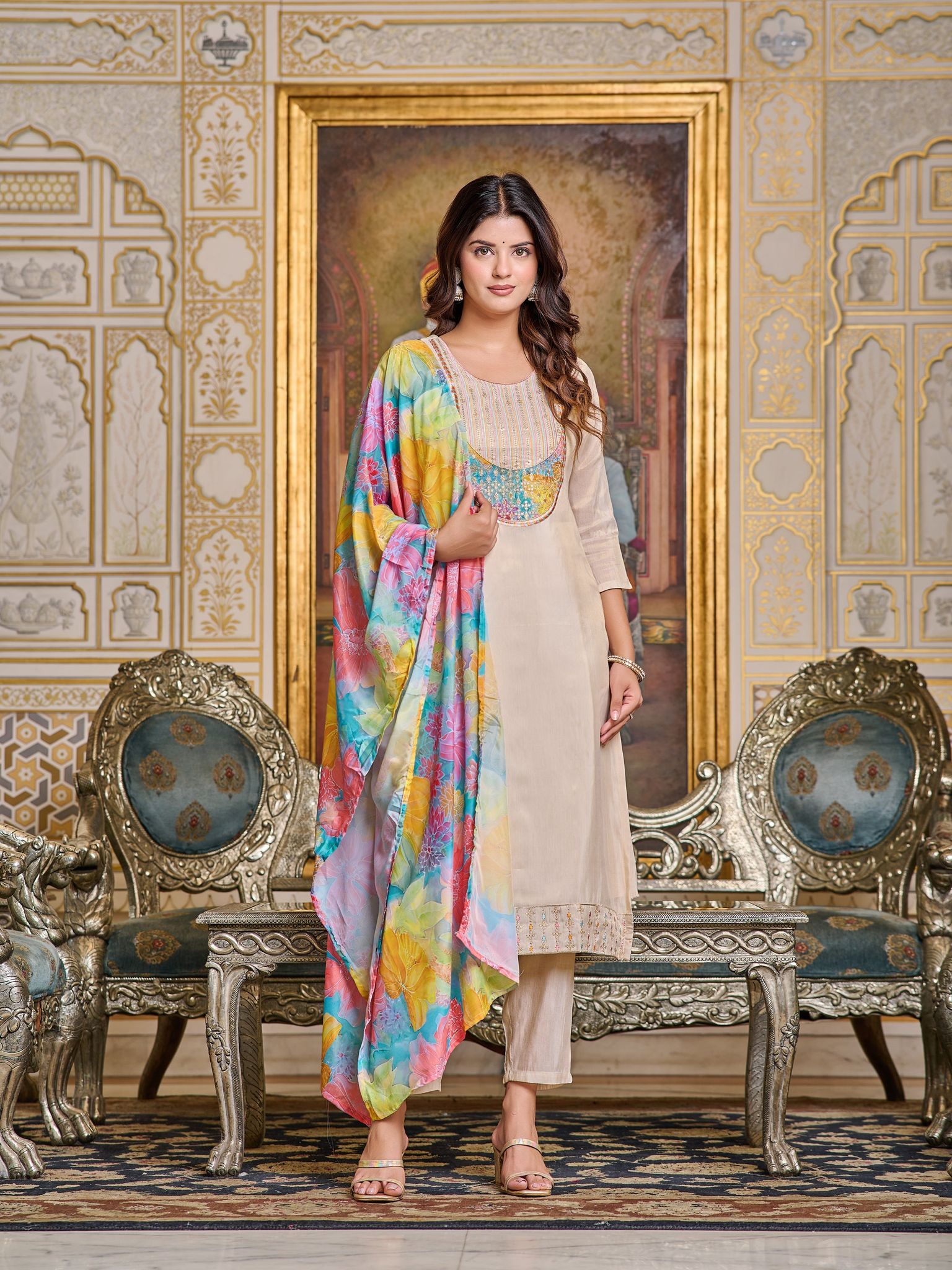 OFF WHITE COTTON EMBROIDERY WORK KURTI PANT WITH FANCY DUPATTA-S