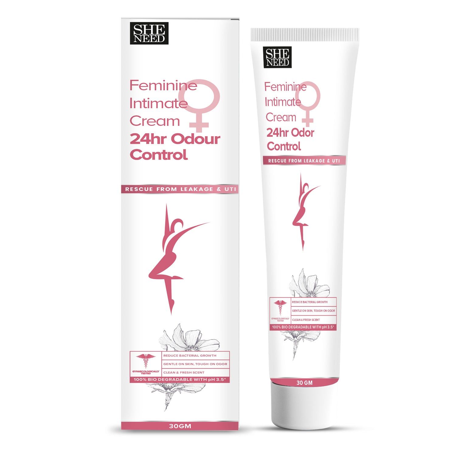 SHENEED Feminine Intimate 24hr Odour control cream 30gm |Rescue from leakage & UTI| Refreshing Cleansing |pH Balance |Natural & Vegan | Paraben & Sulphate Free|clinically proven| Gynac approved |