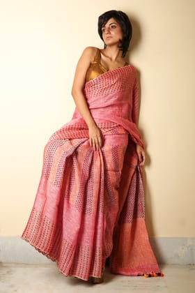 Kantha Style Handwoven Linen Saree