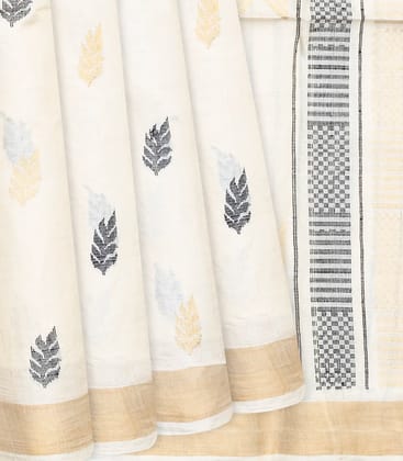Cream Handwoven Tussar Silk Saree With Floral Motifs-Cream-Cream