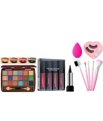 swenky eyeshadow with red edition lipstick kajal false eyelash puff & makeup brush (Pack of 6)