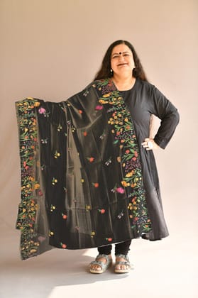 Black Chanderi Silk Hand Painted Floral Designer Dupatta Shawl