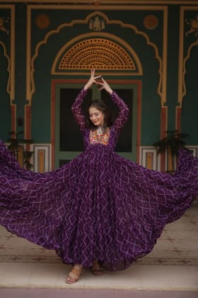 NEW DESIGNER NAVARATRI COLLECTION GOWN WITH BANDHANI PRINT AND KUTCHI PATCH WORK 2024-Purple