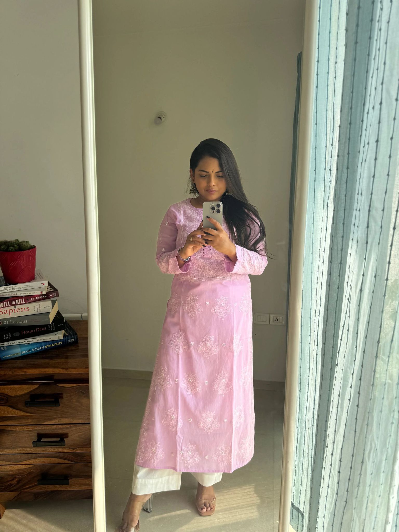 Mul Cotton Chikankari Kurti - Mauve-Mauve / cotton / XL