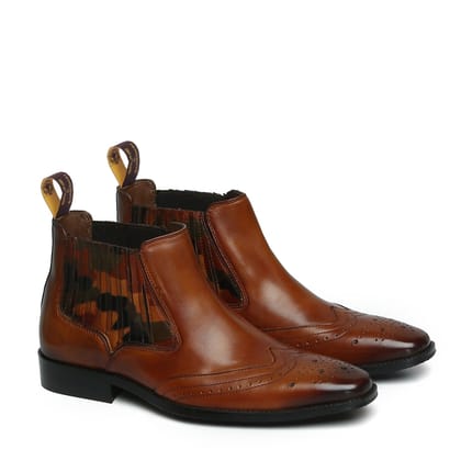 Tan Wingtip Quarter Brogue Leather Boots with Camo Styling by Brune & Bareskin-40/6