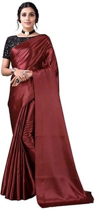 ANSH Womens Satin Solid Saree length (5.5m) & Blouse Piece Size (0.8m) (Maroon)