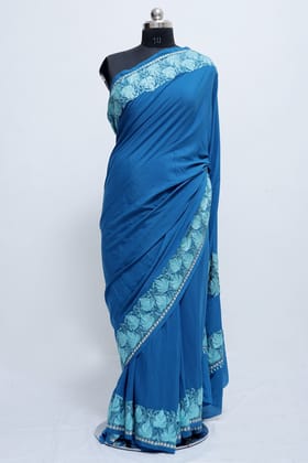 Blue Colour Crepe Saree With Beautiful Multicolour Kashmiri Aari Work-Georgette / Saree : Length - 5.5mtr, Width - 45inch / Dry Clean only