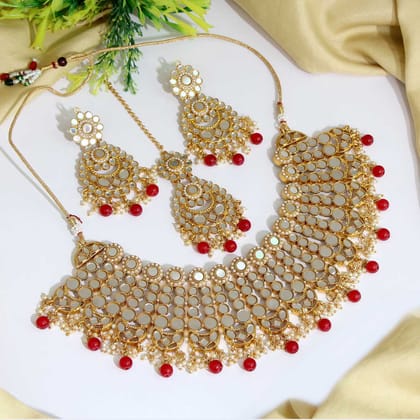 Red Color Kundan Mirror Necklaces Set (MRN118RED)-Adjustable Rope / Red / Alloy With Good Quality Gold Plated