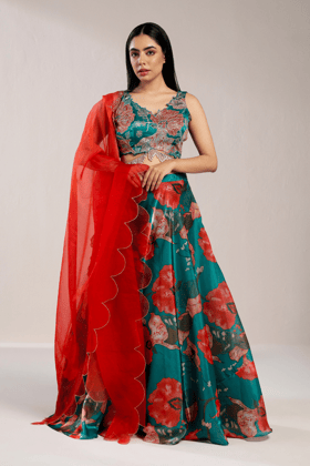 MAXIMAL FLORAL GREEN LEHENGA SET-XS
