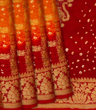 Orange & Crimson Woven Blended Bandhej Saree With Checks-Orange-Orange