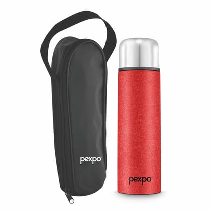Pexpo Stainless Steel Thermosteel Insulated Flask with Zipper Bag, 1000 ml, Black, Flip Pro | Odorless & Keeps Drinks Hot/Cold for 18+ Hours