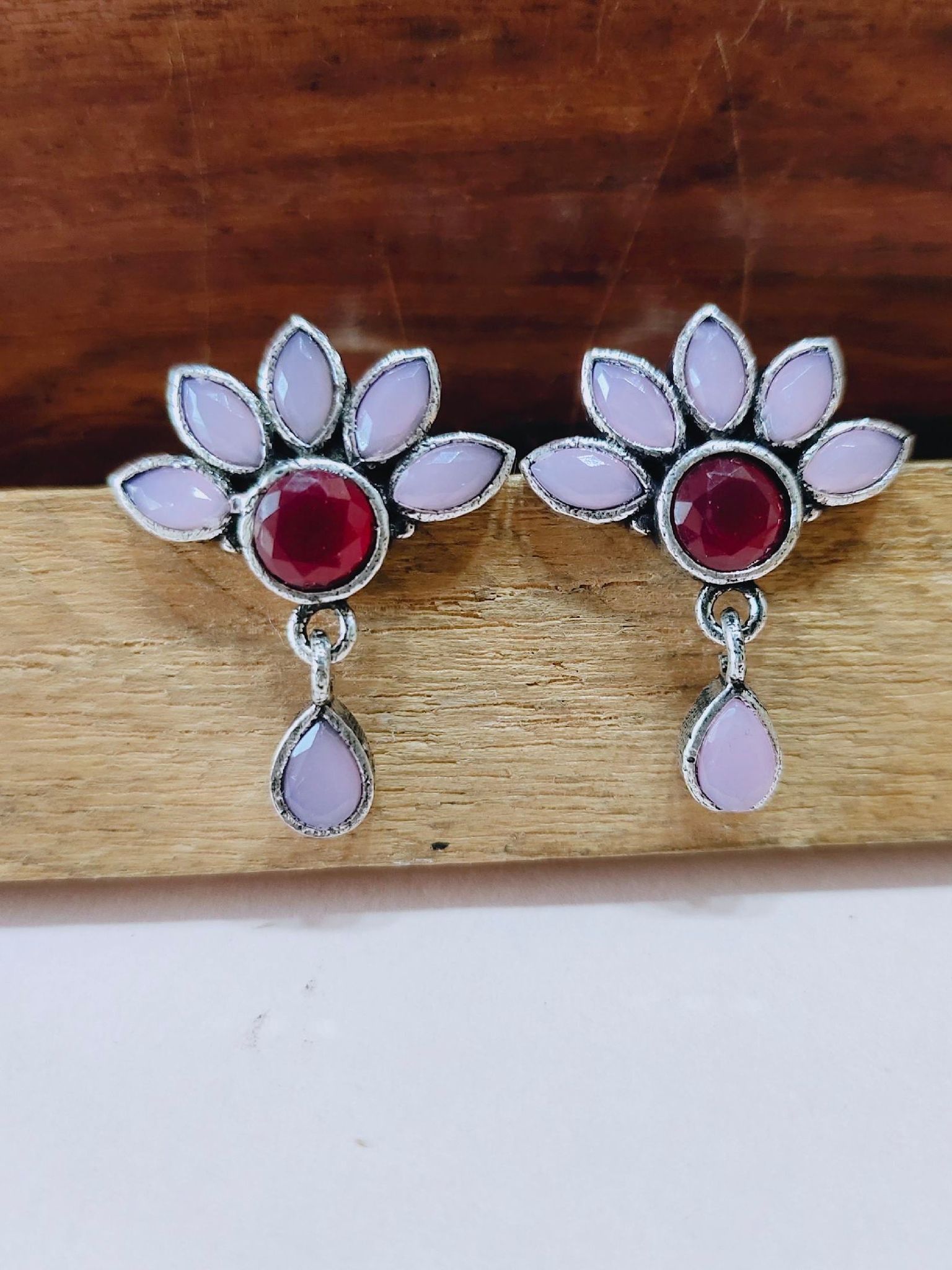 Brass Oxidised Stone Stud Earrings for Everyday Glam | Sarichka-Pink+Red