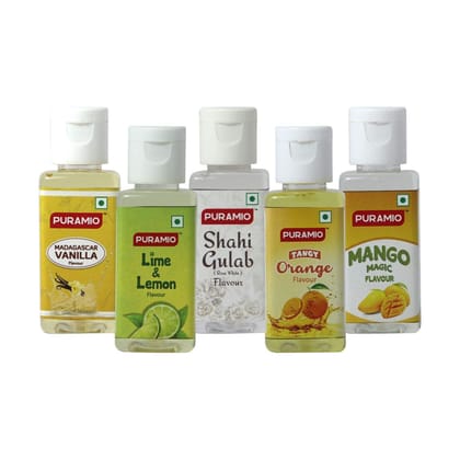 Puramio Combo Concentrated Flavour - (Madagascar Vanilla + Lime & Lemon + Shahi Gulab + Tangy Orange + Mango Magic), 50 ml Each - Pack of 5