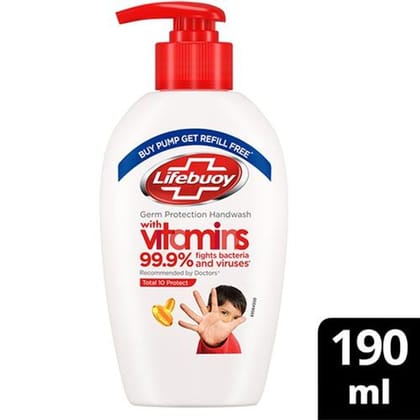 Lifebuoy Total 10+ Handwash - 99.9% Germ Protection, Active Silver 10+ Formula, 190 ml (With Free Refill Pouch 185 ml)