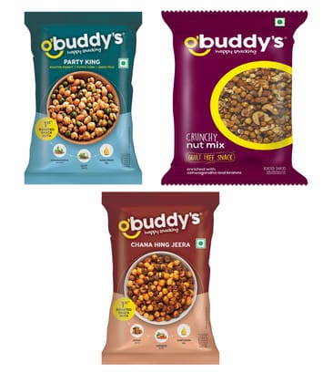 O'buddy's Party King 30 gm, Crunchy Nut Mix 20 gm & Chana Hing Jeera 35 gm - Combo Pack of 15 (5 Packs of Each)