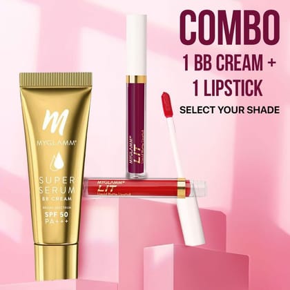MyGlamm Combo of Super Serum BB Cream + LIT Liquid Matte Lipstick | Hyaluronic Acid & SPF 50 PA +++ BB Cream & Smudge, Transfer Proof Lipstick