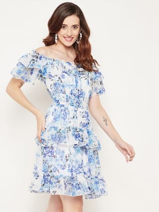 Pink Floral Off-Shoulder Georgette Dress