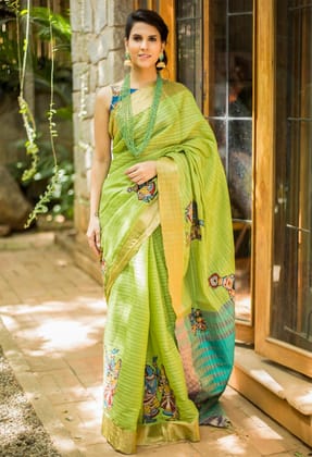 Beautiful Green Color Linen Digital Printed Sari 1094