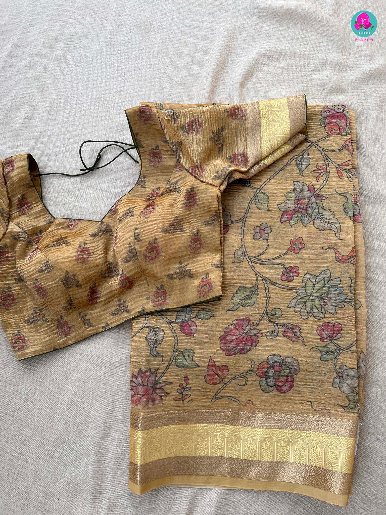 Yellow Floral Crushed Tissue Silk Saree with blouse-S