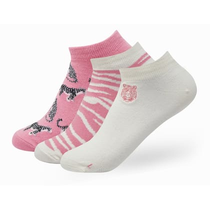 BALENZIA WOMEN'S WWF-INDIA WHITE & PINK LOWCUT SOCKS | 3-PACK | TIGER PRINT & EMBROIDERY-Stretchable from 25 cm to 33 cm / 3N