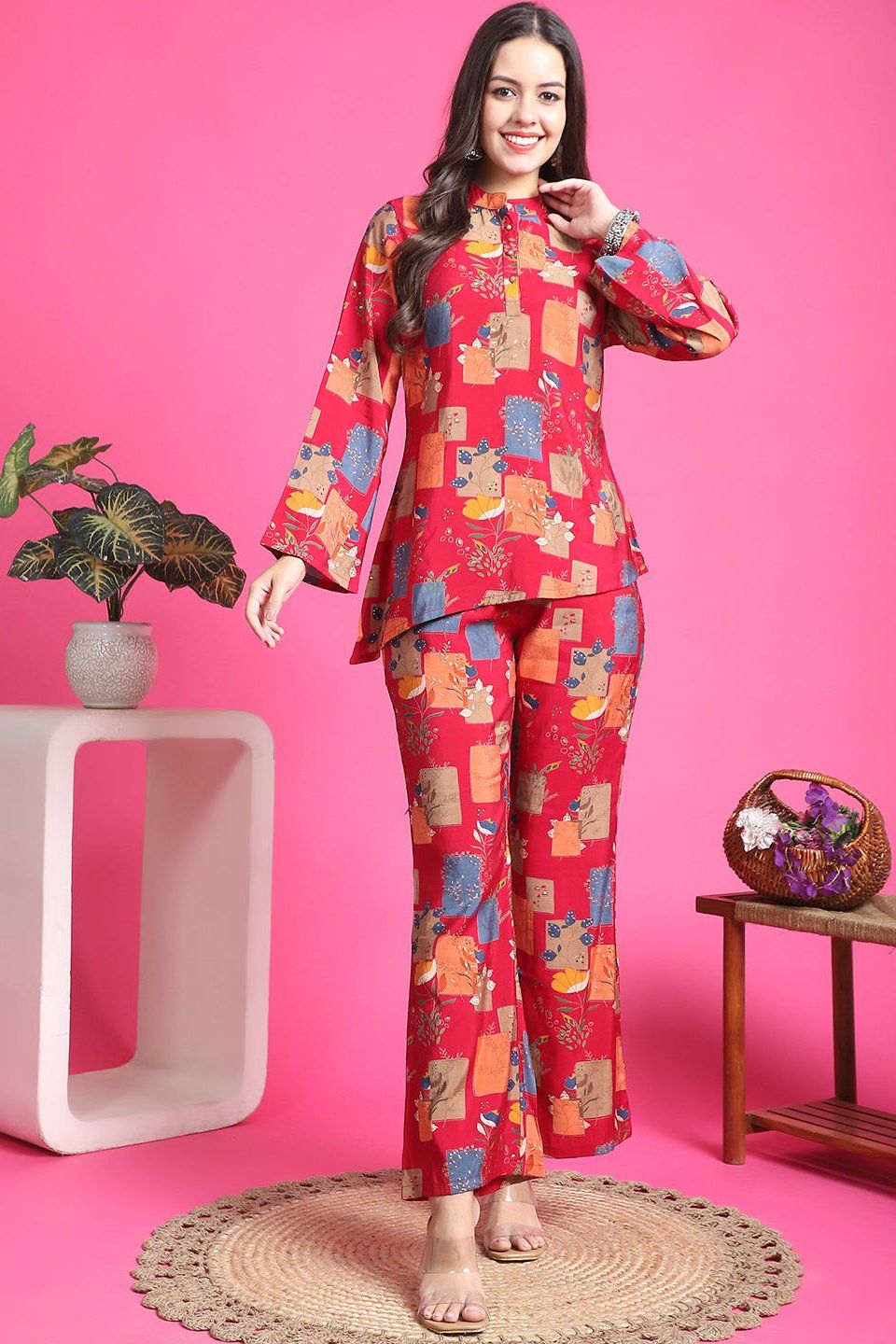 Magenta Color Abstract Printed Chanderi silk Co-ord Set-S