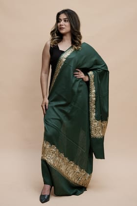 Green Colour Semi Pashmina Shawl Enriched With Ethnic Heavy Golden Tilla Embroidery With Running border-Semi pashmina / length 80 inch Width 40 inch / Dry Clean only