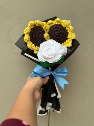Crochet 2 sunflower & rose flowers bouquet