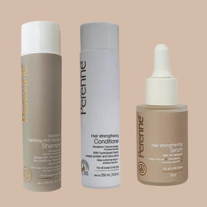 Buy Combo of Sulphate Free Clarifying Anti Dandruff Shampoo (250 ml), Hair Strengthening Conditioner (250 ml), & Hair Strengthening Serum.