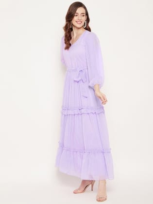 Puff Sleeve V-Neck Flared Georgette Maxi Dress