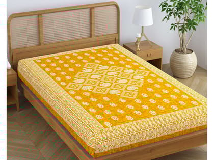SheetKart Folk Floral 100% Pure Cotton Jaipuri Printed Bedsheet for Single Bed, Traditional Ethnic Bed Cover  - Peaches Yellow