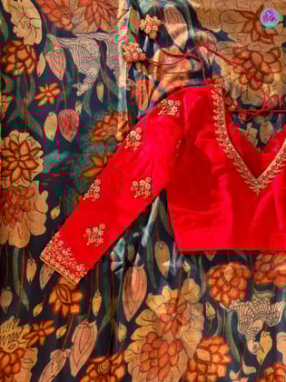 Blue kalamkari printed saree with red border paired with pure silk maggam work blouse-XS