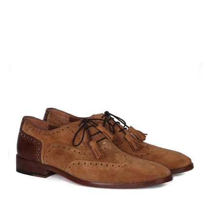Full Wingtip Camel Suede Punching Brogue With Tassel Oxfords Lace-Up Leather Heel Cap Shoe By Brune & Bareskin-40/6