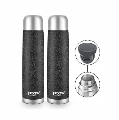 Pexpo Stainless Steel 24 Hours Hot & Cold Water Bottle/Flask, 350ml, Pack of 2, Black, Flexo | Durable & Odorless