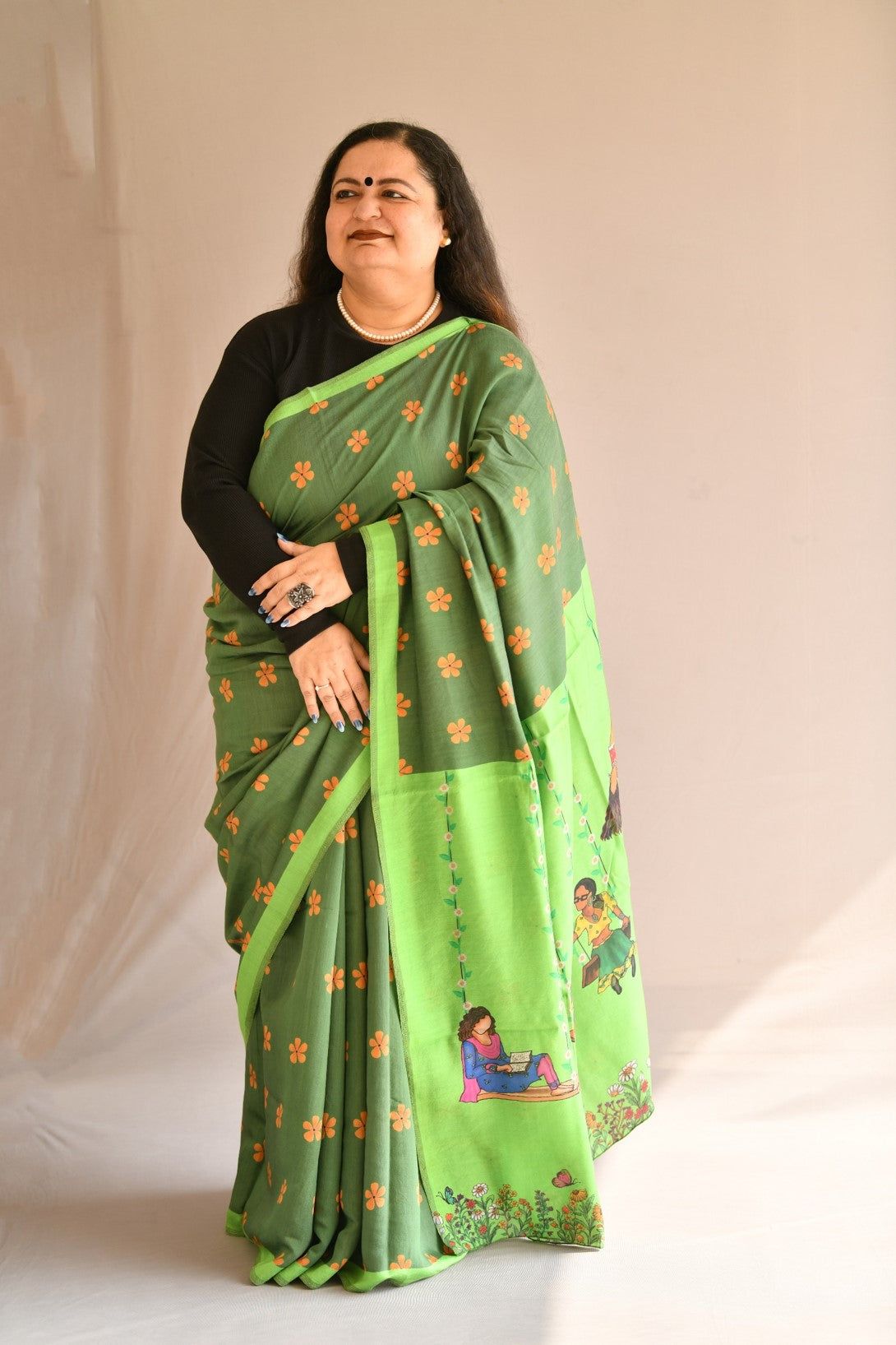 Green Floral Hand Painted Printed Designer Chanderi Silk Saree