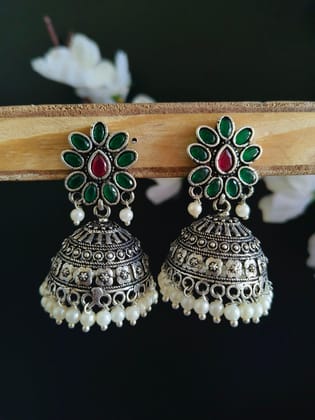 Oxidised Pearl & Stone Jhumka Earrings for Elegant Occasions | Sarichka-Red+Green