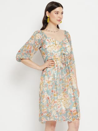 Floral Printed Tie-Ups Detail Georgette Fit & Flare Dress