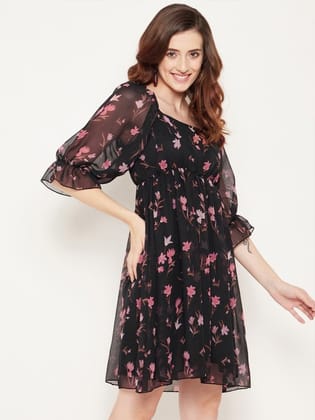 Women Black & Pink Floral Georgette Empire Dress