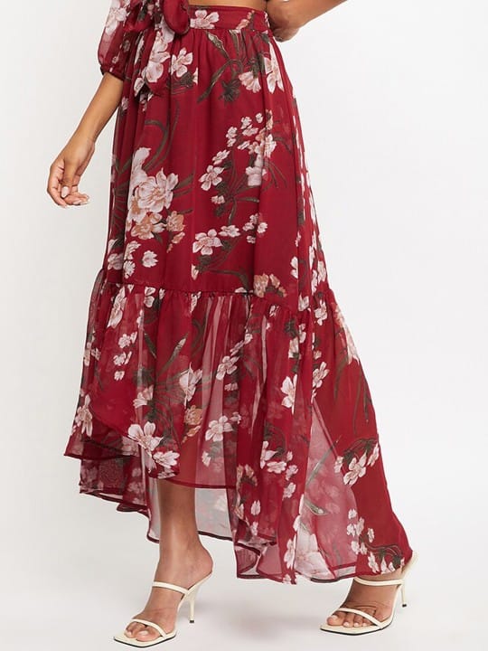 Floral Printed Tie-Up Maxi Flared Skirt
