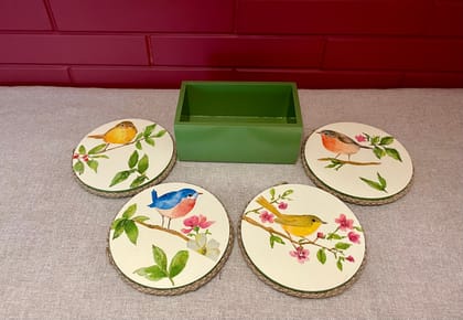 Wooden Round Coasters with Stand-Bird with Berries