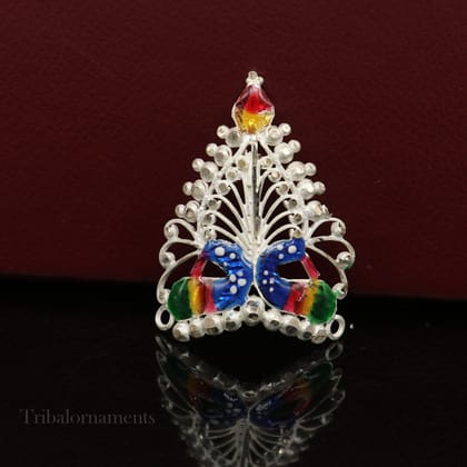 Baby krishna crown or mukut fabulous enamel peacock design solid silver handmade idol krishna mukut gifting crawling krishna jewelry su528