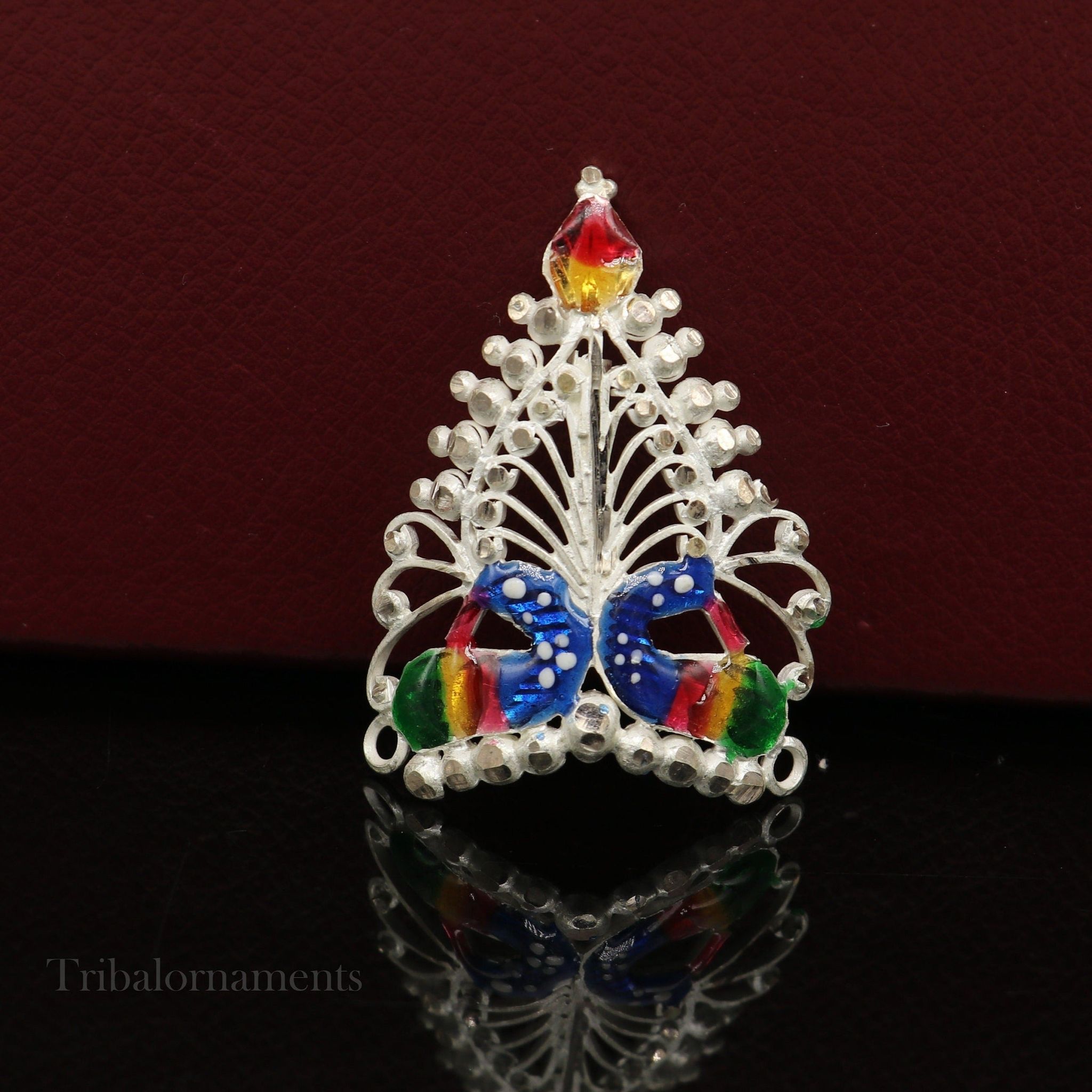 Baby krishna crown or mukut fabulous enamel peacock design solid silver handmade idol krishna mukut gifting crawling krishna jewelry su528