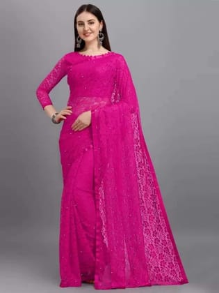 ANSH Womens Net Solid Saree length (5.5m) & Blouse Piece Size (0.8m) (Pink)