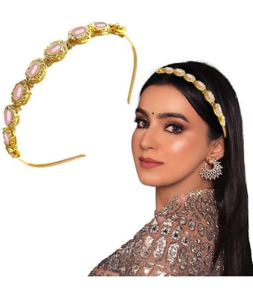 Lykaa Kundan Jewellery Golden Pink Plated Hair Band Mathapatti Hair Band For Women and Girls (Pink) - Pink