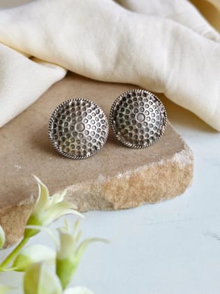 Handcrafted Antique Oxidised Silver Round Stud Earrings for Elegance | Sarichka
