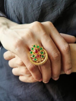 Gold-Plated Finger Ring with Moon Shape and Stones, Tree Design | Sarichka-Green+Magenta
