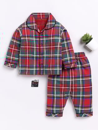 Red Checked Full Sleeve Night Suit-6-9 m