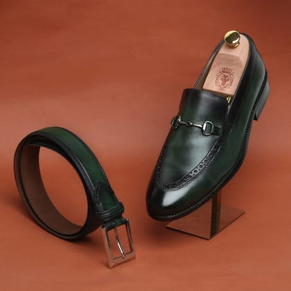 Combo of Green Brogue Design Horsebit Leather Loafers by Brune and matching Belt-40/6 / 32